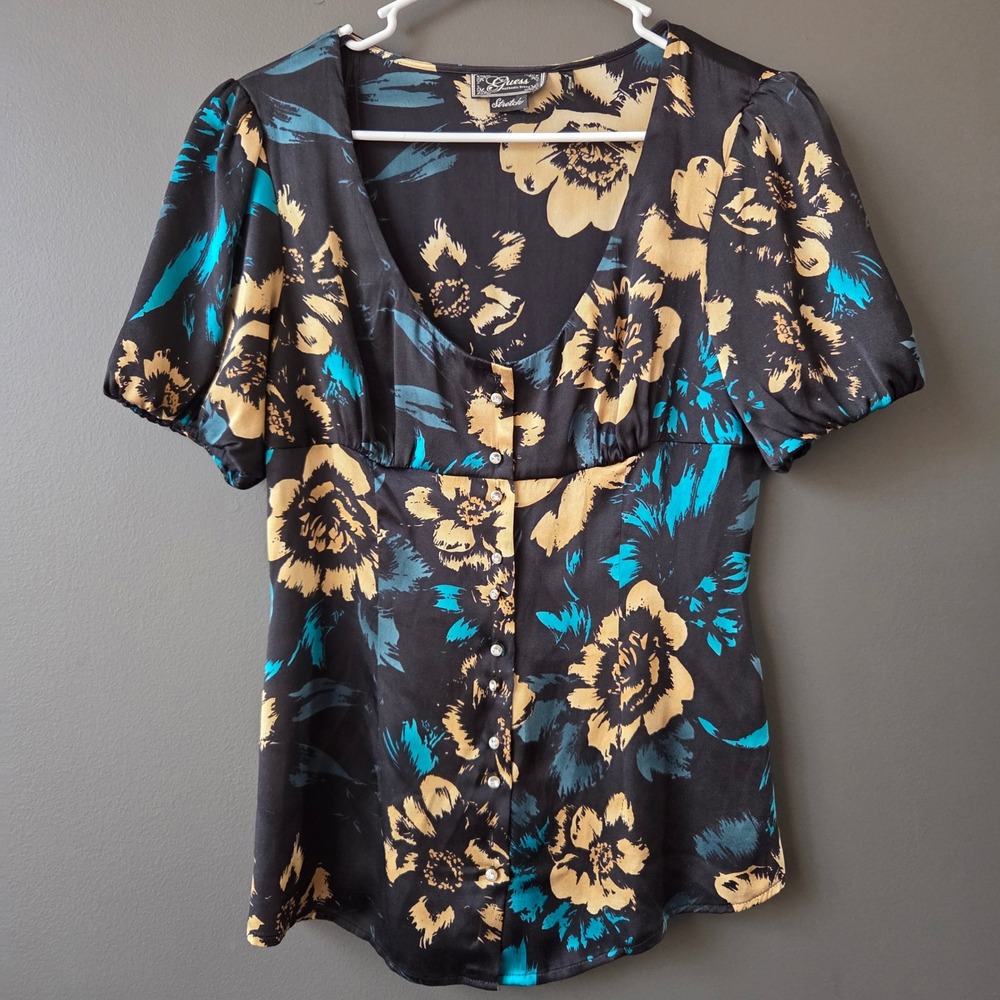Guess Women's Black Floral Stretch Satin Button Front V Neck Blouse Size L‎ Y2K